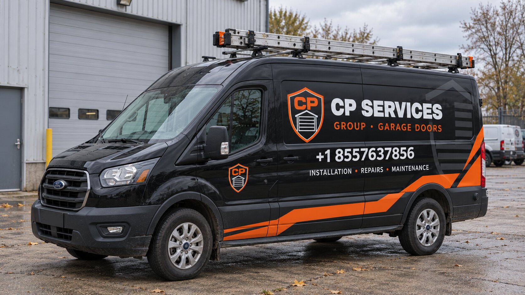 CP Services Group service van with the company shield, name and phone number (855) 763-7856 on the side